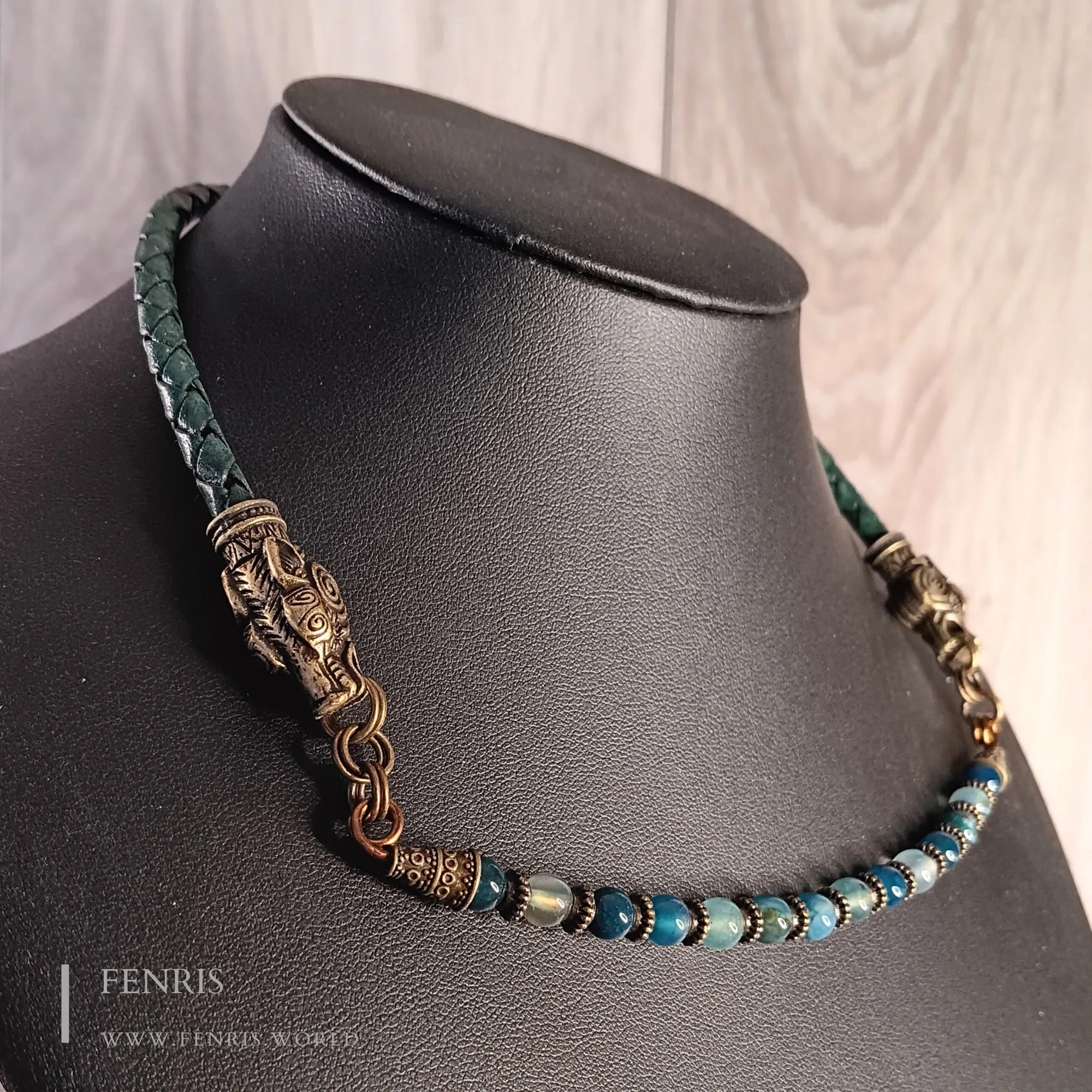 Wolf Necklace Choker Bronze Teal Leather Agate Beads