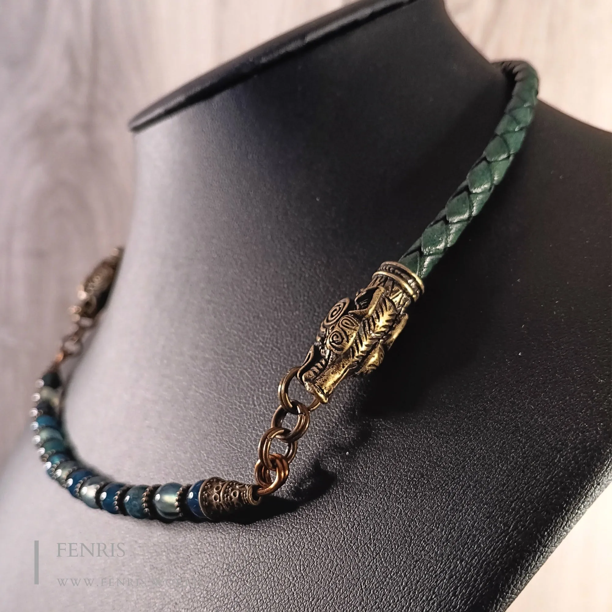 Wolf Necklace Choker Bronze Teal Leather Agate Beads