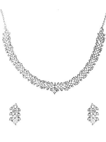 Yellow Chimes Crystal Jewellery Set for Women Silver-Plated White Crystal Studded Choker Necklace Set for Women and Girls