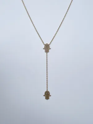 Yellow Gold Hamsa Lariat Necklace w/ Blue Sapphire