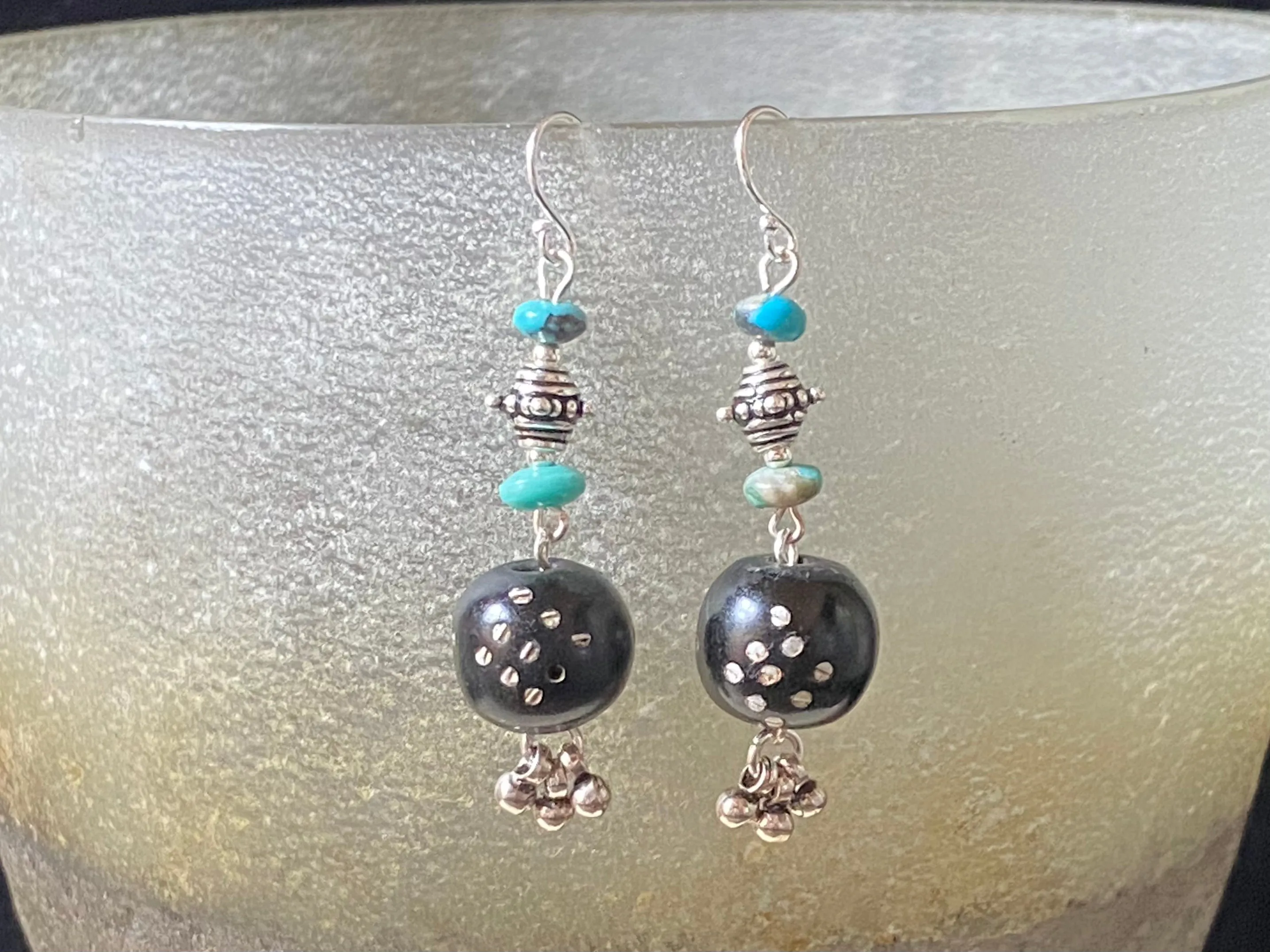 Yemeni Black Wood Silver Inlay & Turquoise Earrings