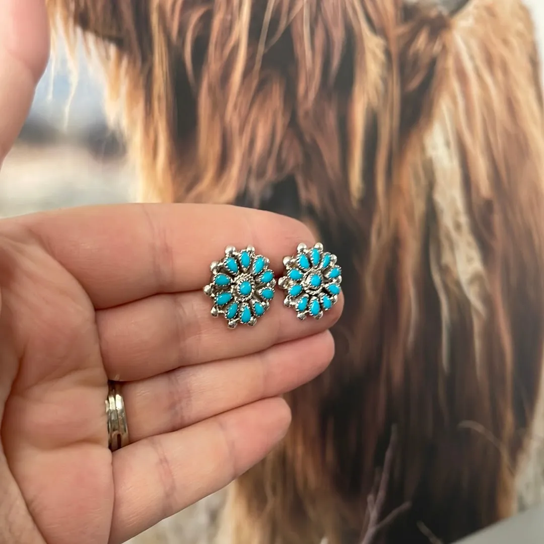 Zuni Sterling Silver & Turquoise Cluster Stud Earrings